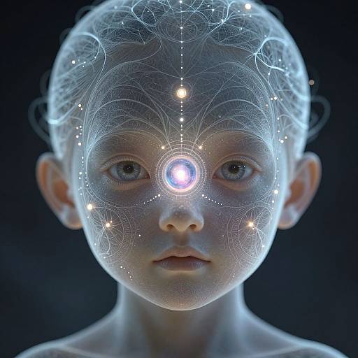 Digital CGI image of a translucent, blue-lit, bald child's face with intricate neural network patterns, glowing dots, and a central bright orb,