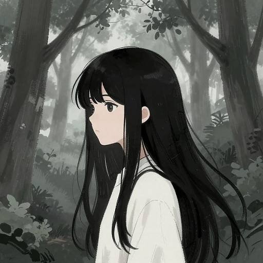 Anime-style digital drawing of a pale-skinned girl with long black hair, wearing a white shirt, standing in a misty, dark forest.