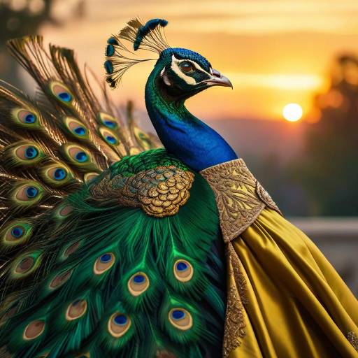 Elegant Woman in Green and Gold Gown at Sunset