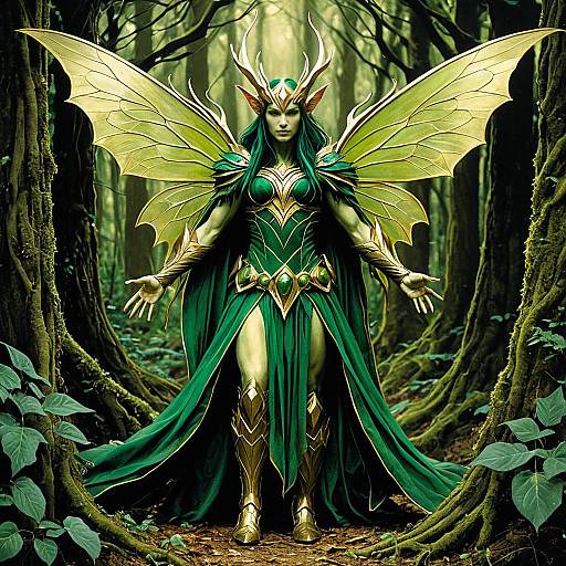 Enchanted Forest Guardian with Golden Wings