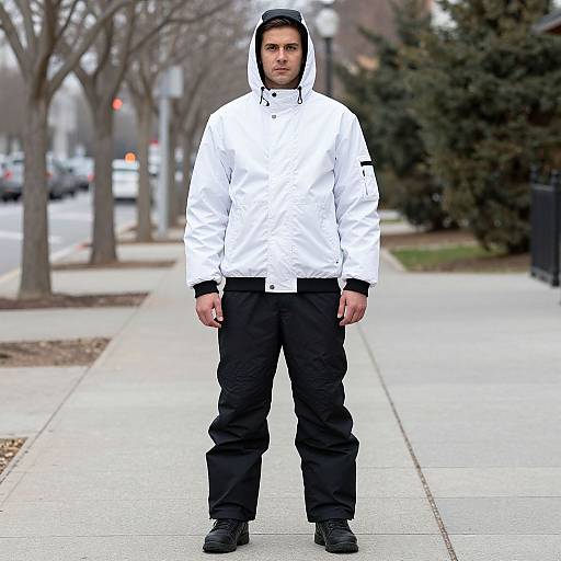 Man in Snowsuit Costume on Sidewalk