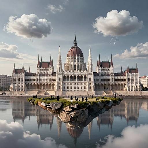 Photorealistic CGI of Budapest's Parliament Building with its grand dome and Gothic spires, reflected in a calm, cloud-reflecting river.