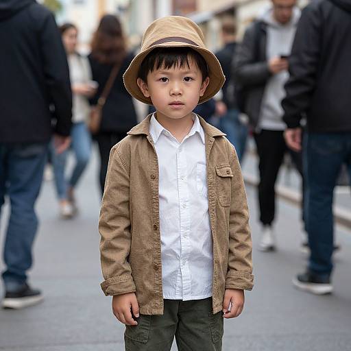 Photograph of an Asian toddler in a brown hat, beige jacket, white shirt, and green pants, standing in a busy urban street with blurred pedestrians
