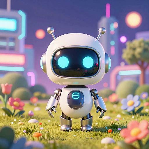 CGI image of a cute, white, robot with glowing blue eyes, standing in a vibrant, neon-lit, flower-filled meadow at night