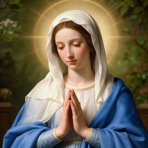 Digital illustration of a serene, fair-skinned Madonna with closed eyes, clasped hands, white and blue robes, and a glowing halo, set against