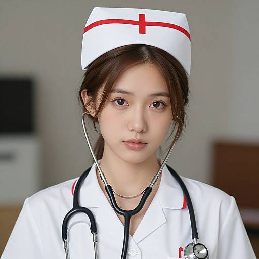Photograph of an Asian woman with fair skin and dark brown hair in a white nurse uniform, red cross hat, stethoscope, and serious expression