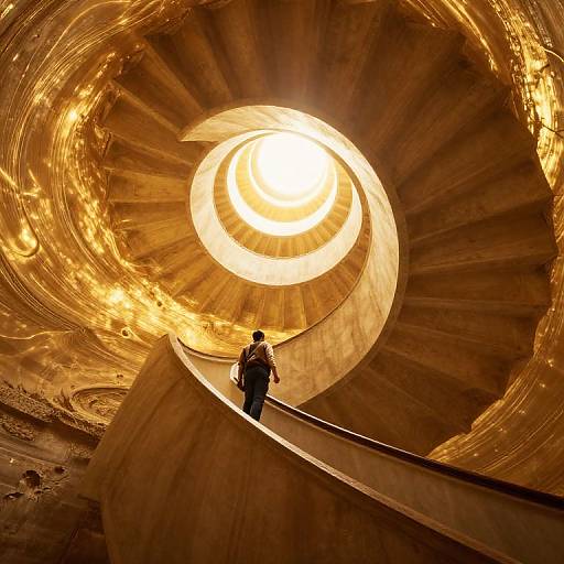 Photograph of a person standing on a spiral staircase in a golden, swirling tunnel with a bright, circular light at the top.