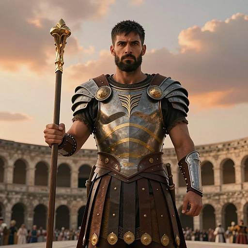 Heroic Warrior in Dramatic Amphitheater Scene