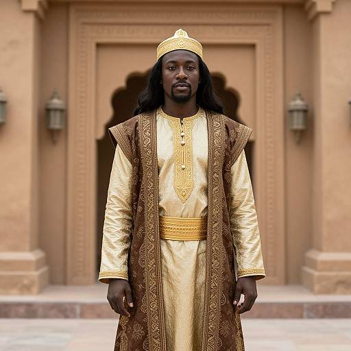 Photograph of a Black man with long black hair and beard, wearing a golden turban, ornate gold and brown robe, standing in front of