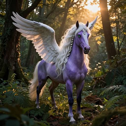 Photograph-style digital art of a majestic, purple, winged unicorn with a white mane and tail, standing in a sunlit forest.