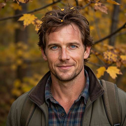 Photograph of a handsome, smiling man with blue eyes, messy brown hair, and light stubble, wearing a plaid shirt and green jacket,