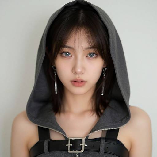 Photograph of a pale-skinned, young Asian woman with blue eyes, black straight hair, wearing a gray hooded top and black harness with a