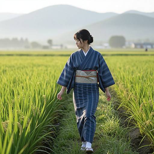 Photograph of a Japanese woman in a blue patterned kimono walking through a vibrant green rice field, mountains and trees in the distant background, sunlight