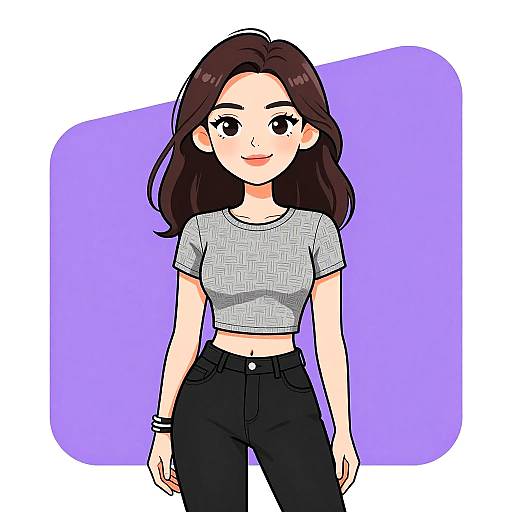 Digital anime-style drawing of a cute young woman with long brown hair, wearing a gray crop top and black high-waisted pants, smiling against a