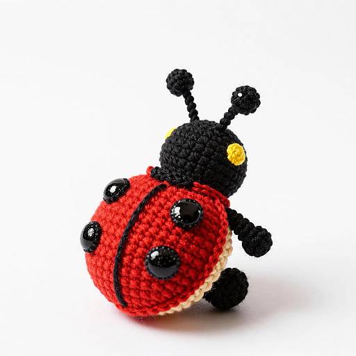 Handmade crochet ladybug with black head and legs, red body, black spots, and yellow eyes, against a white background.