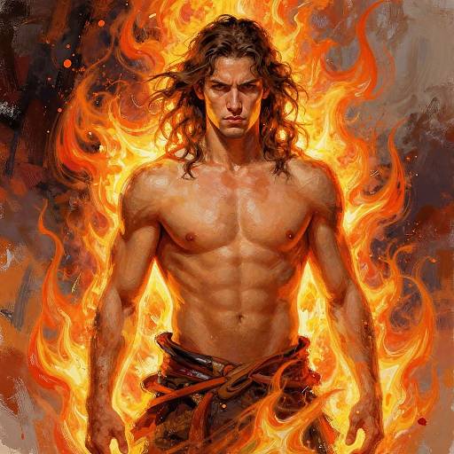 Digital painting of a muscular, shirtless man with long, wavy brown hair, surrounded by bright orange and yellow flames. His intense expression contrasts with