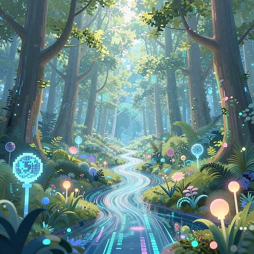 Digital fantasy forest scene with glowing mushrooms, bioluminescent pathway, vibrant foliage, towering trees, and ethereal light filtering through dense canopy.