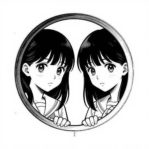 Black-and-white manga-style drawing of two identical young girls with dark hair and large eyes, reflected in a circular mirror.