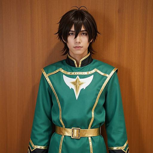 Photograph of an Asian man with shaggy black hair, wearing a green and gold cosplay uniform with a white star, standing against a wooden background