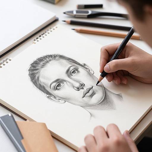 Photograph of a hand drawing a realistic black-and-white portrait of a woman with expressive eyes using a pencil on white paper.