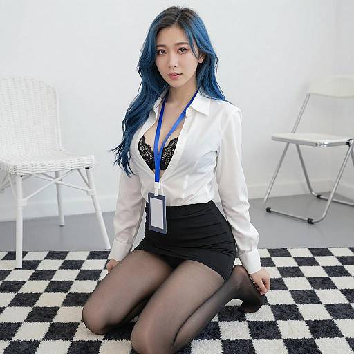 Asian Woman on Checkered Rug