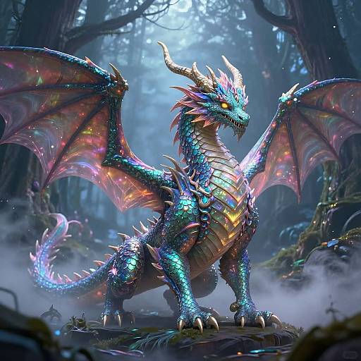 Majestic Iridescent Dragon in Twilight Forest