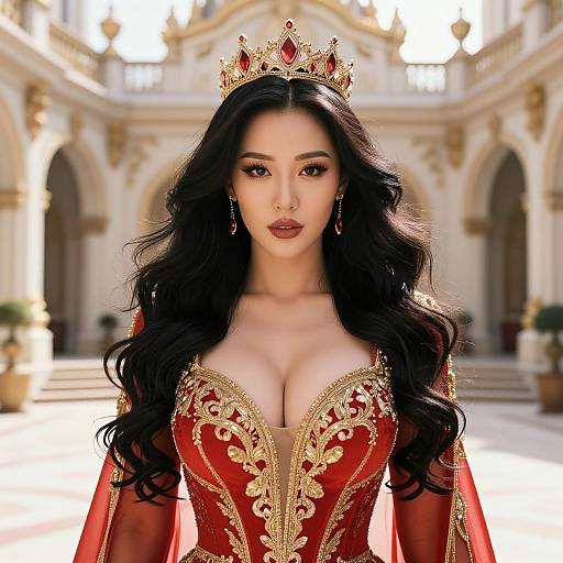 Digital artwork of a beautiful, fair-skinned woman with long black hair, wearing a red and gold embroidered corset, crown, and veil, standing