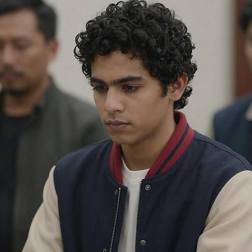Photograph of a young man with curly black hair, olive skin, wearing a navy and white varsity jacket with red collar, looking downward, blurred