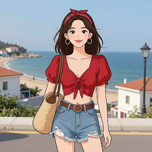 Digital anime-style drawing of a smiling woman with brown hair, red bow headband, red tied blouse, blue frayed shorts, straw bag, standing
