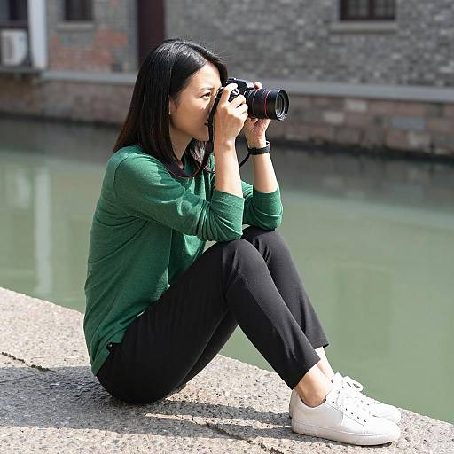 Focused Asian Woman Capturing Moments