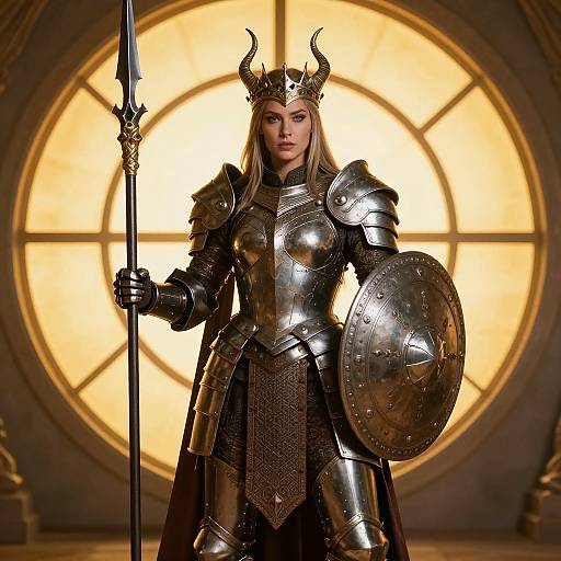 Photorealistic CGI of a blonde woman in shiny silver medieval armor with a horned helmet, holding a spear and shield, standing before a large circular