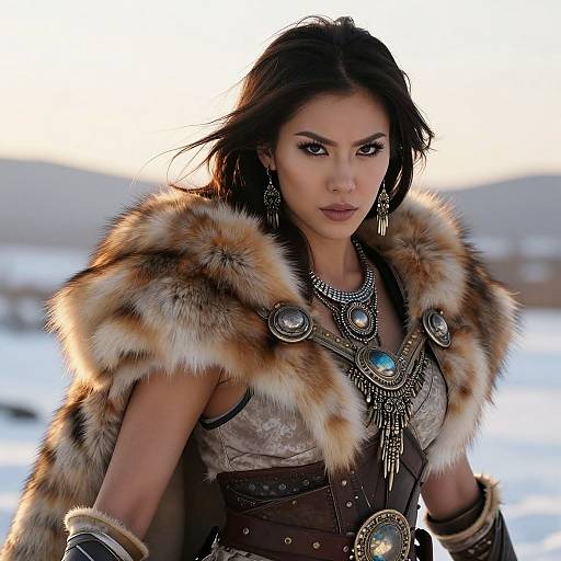 Photograph of a strong, attractive woman with dark hair, wearing a fur cape, intricate jewelry, and leather armor, set against a snowy landscape.