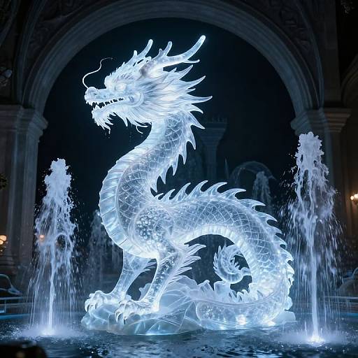 Photograph of a glowing, translucent dragon sculpture with intricate spikes, illuminated in blue light, standing in a dark, arched fountain at night.