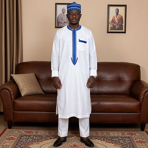 Photograph of a Black man in white traditional African attire with blue embroidery, blue cap, standing in front of a brown leather sofa, framed pictures on