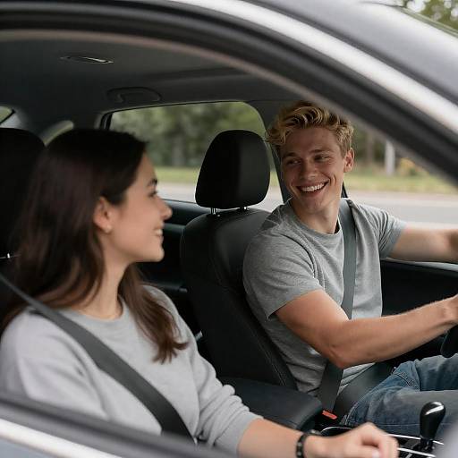 Young Couple Smiling in Car