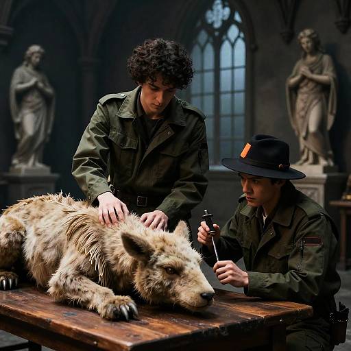 Gothic Scene with Military Men and Creature