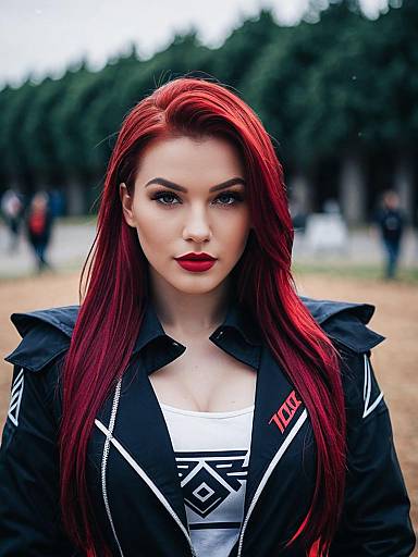 Woman with Red Hair in KDA Evelynn Cosplay Outfit