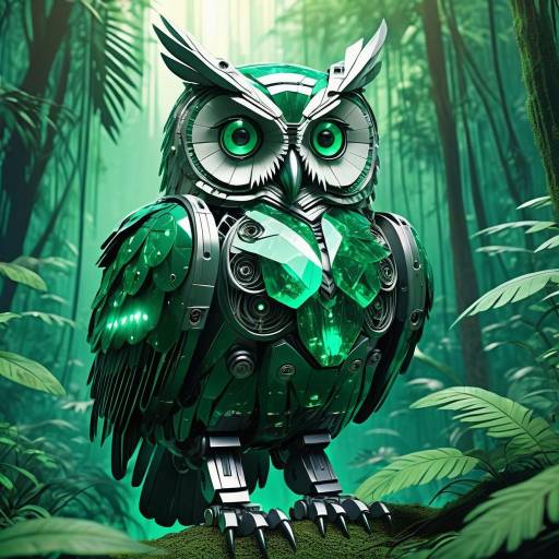 Emerald Robotic Owl in Vintage Manga Emerald Robotic Owl in Vintage Manga