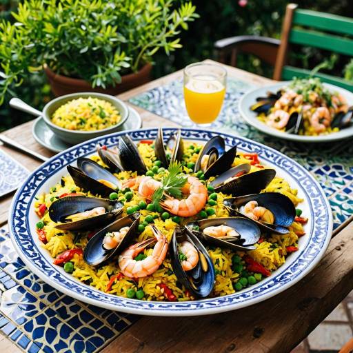 Vibrant Seafood Paella on Rustic Terrace