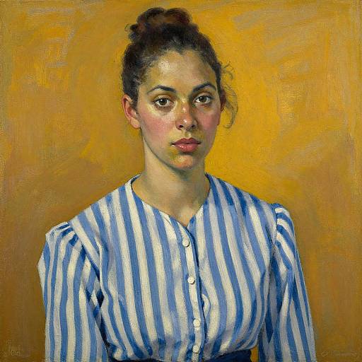 Oil painting of a young woman with medium skin tone, dark hair in a bun, wearing a blue and white striped blouse, against a yellow background,