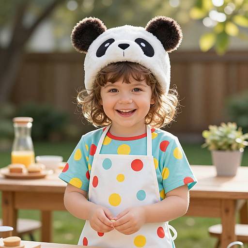 Smiling Child in Panda Hat and Polka Dot Outfit