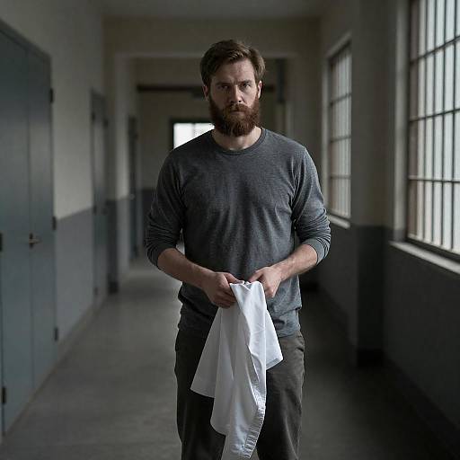 Bearded Man in Dim Industrial Hallway