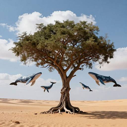 Majestic Tree and Whales in Sky