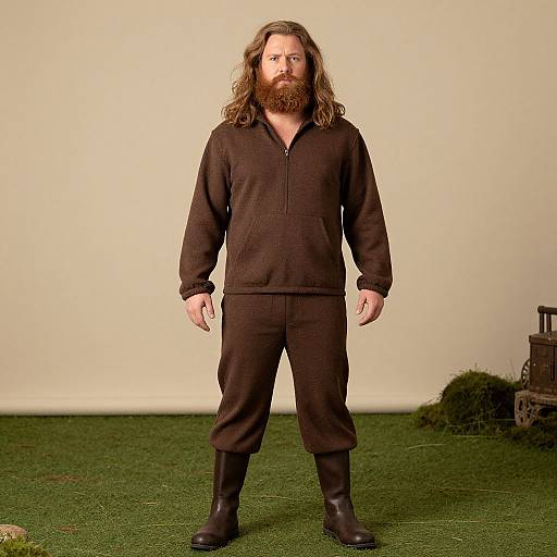 Photograph of a bearded man with long brown hair, wearing a black zip-up jumpsuit and boots, standing on green grass against a plain beige