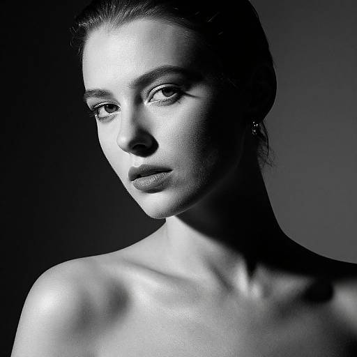High-contrast black-and-white photograph of a serious, fair-skinned woman with slicked-back hair, bare shoulders, and intense gaze, illuminated by