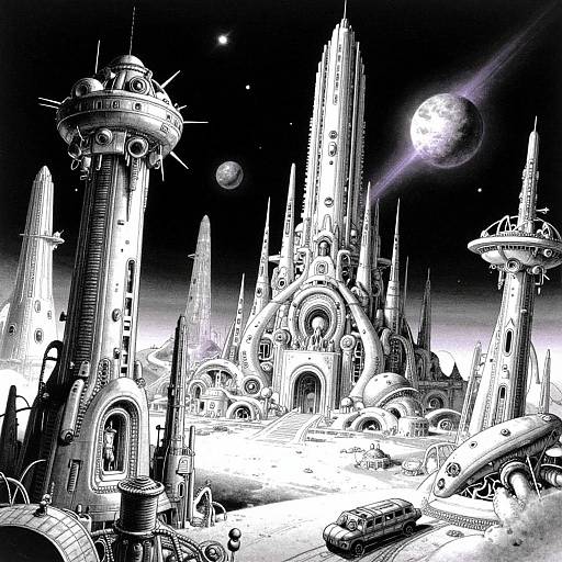 Monochromatic digital artwork of a futuristic, sci-fi cityscape with towering spires, orbiting planets, space stations, and vintage cars under a