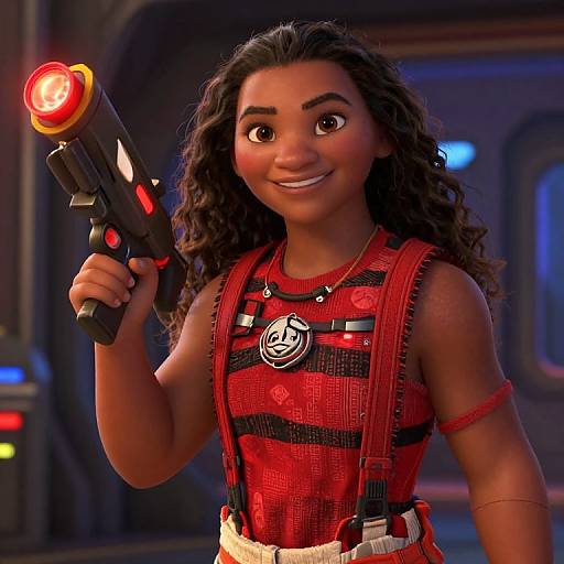 CGI image of a smiling, curly-haired woman with dark skin holding a glowing red laser gun, wearing a red and black striped vest with a black