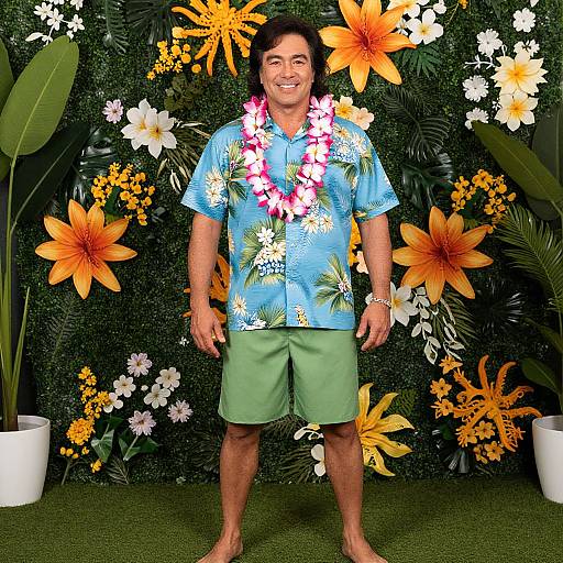 Photograph of a smiling man with medium brown skin, wearing a blue floral shirt, green shorts, and a pink lei, standing in front of a