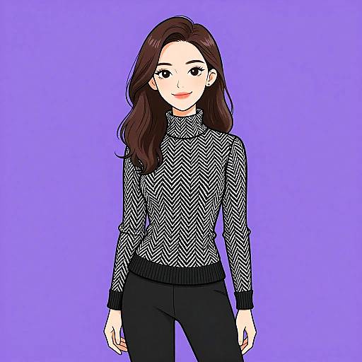 Smiling Woman in Black and White Herringbone Sweater