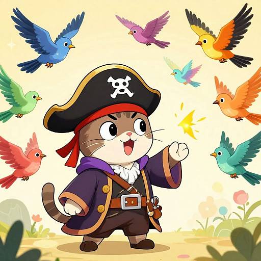 Adorable cartoon cat pirate with black tricorn, skull emblem, purple coat, and red headband, surrounded by colorful birds, against bright yellow background